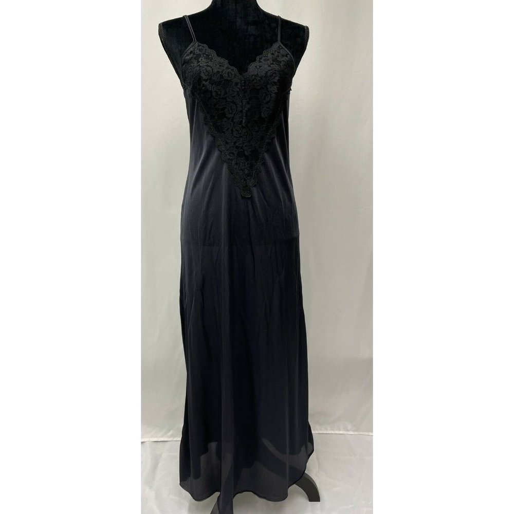 Vintage ILGWU Black Slip Lace Shiny Long Spaghetti Straps Nightie Medium